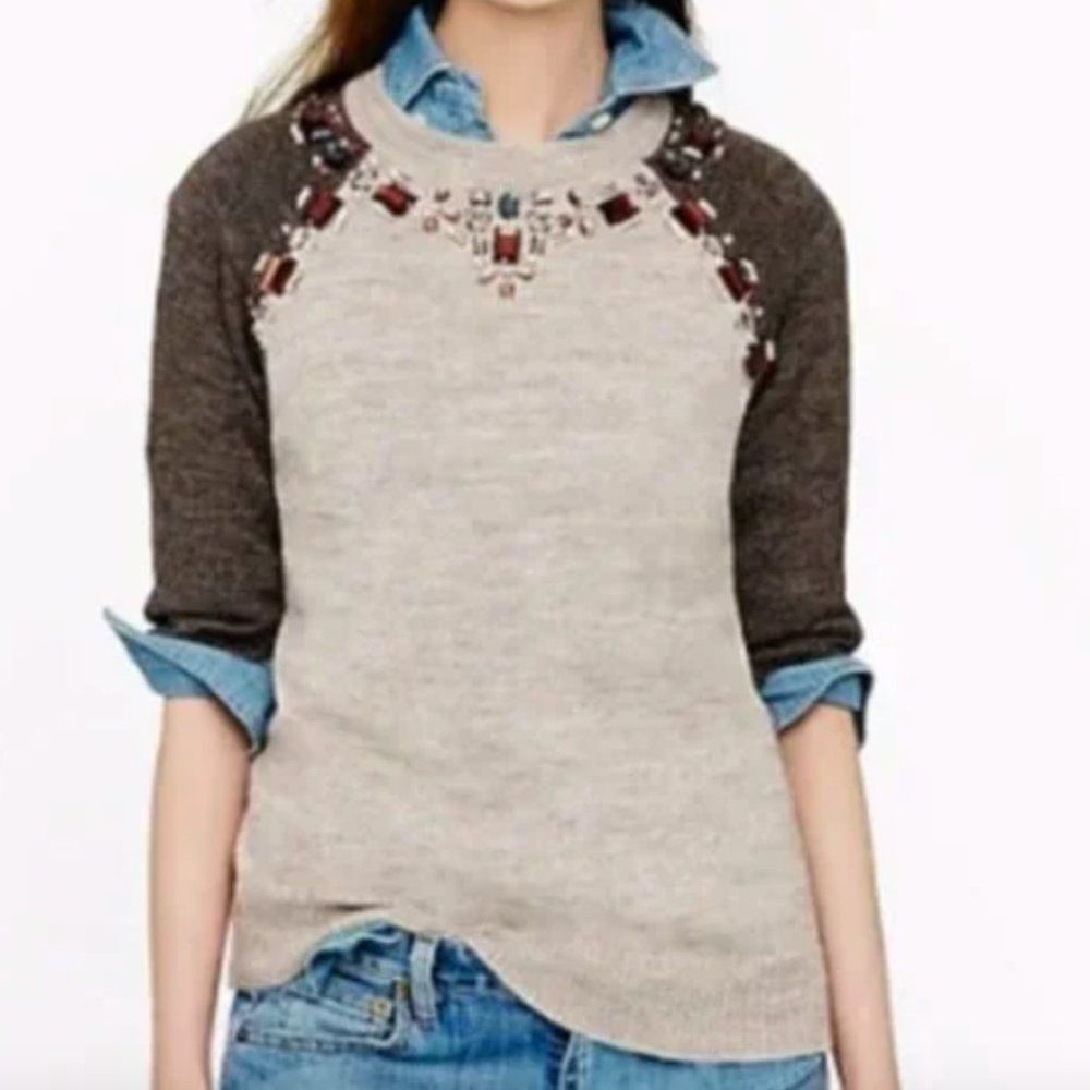J. Crew Tight Knit Jeweled Acrylic Wool Tan Brown Crew Neck Womens Sweat…